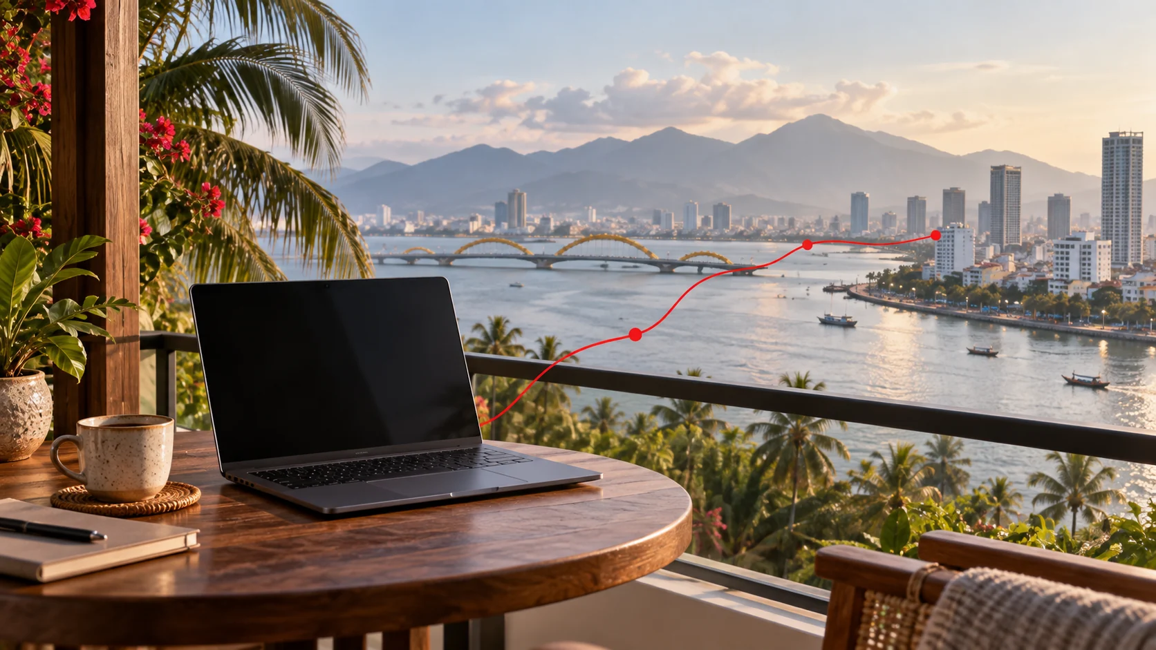 Laptop overlooking a tropical Vietnamese waterfront with a continuous red network route