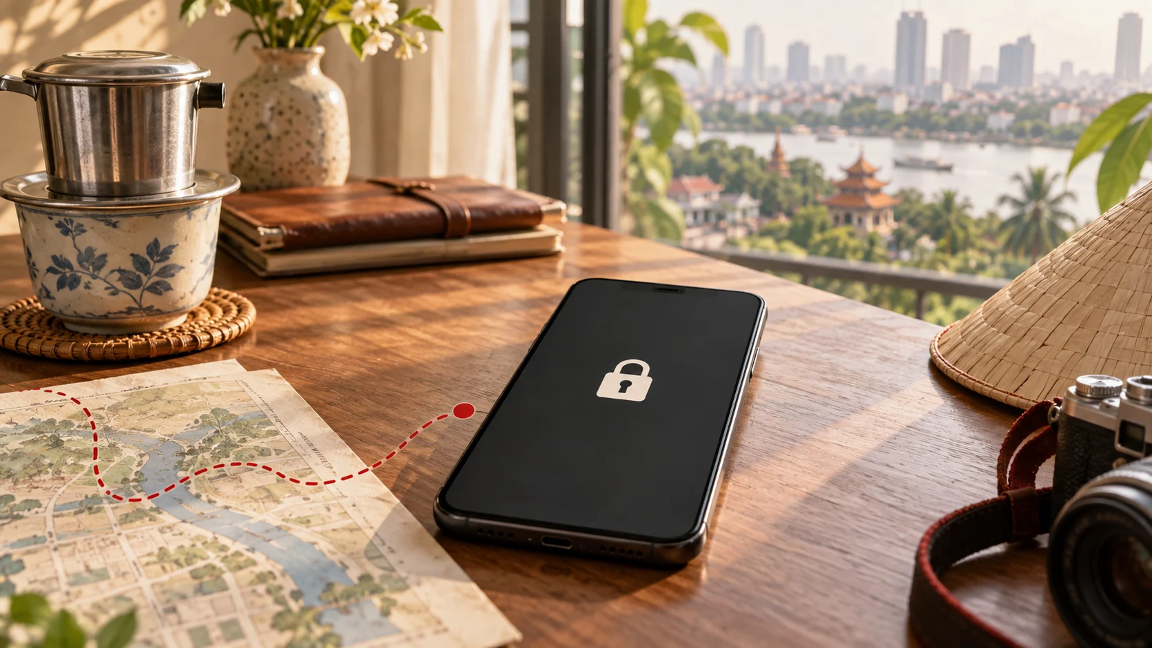 Travel phone with an abstract lock symbol in a Vietnamese apartment workspace
