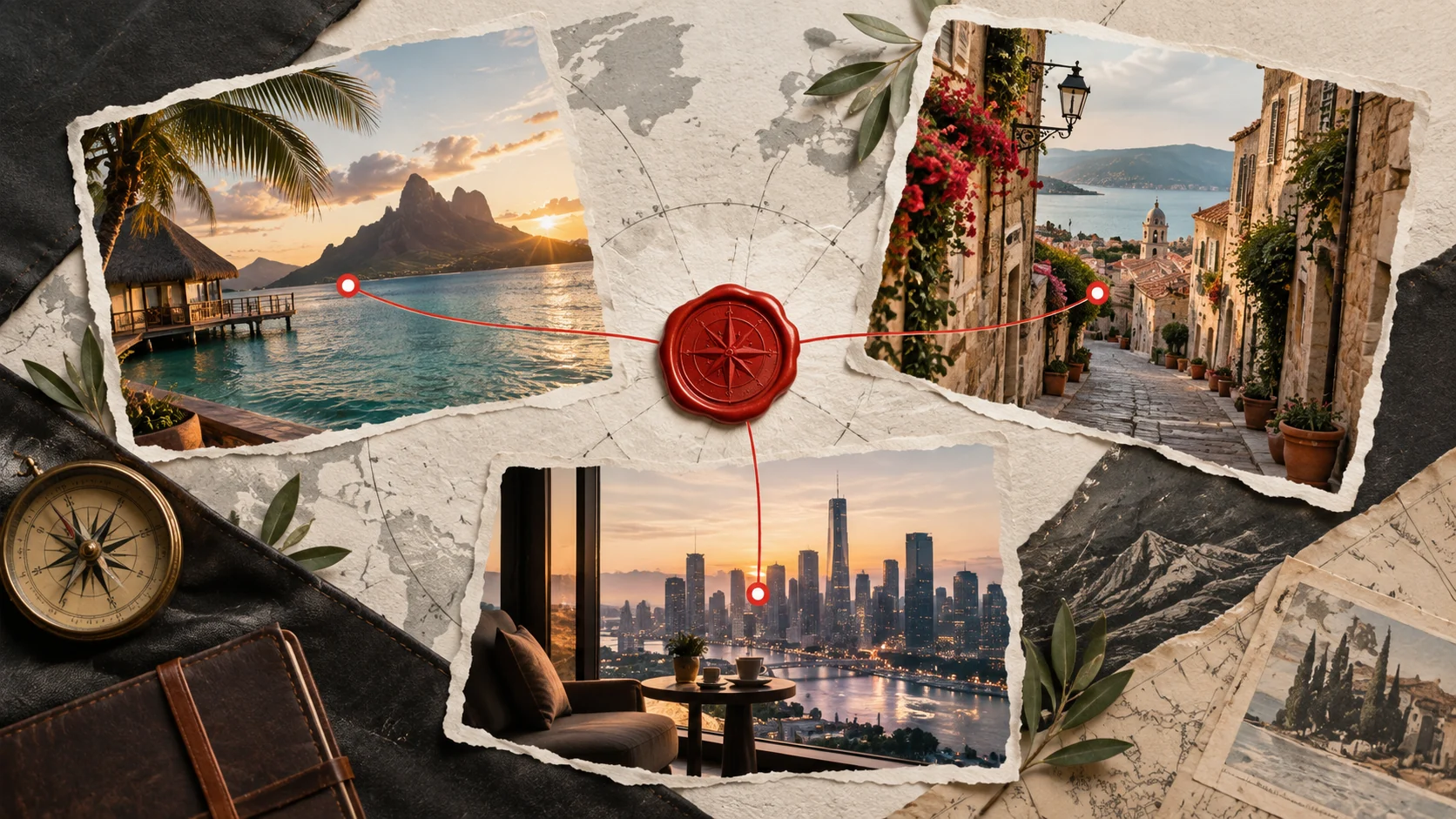 A single red connection point stays fixed among changing travel destinations