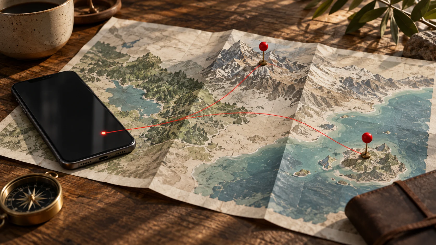 A phone and distant map pins joined by an indirect network route