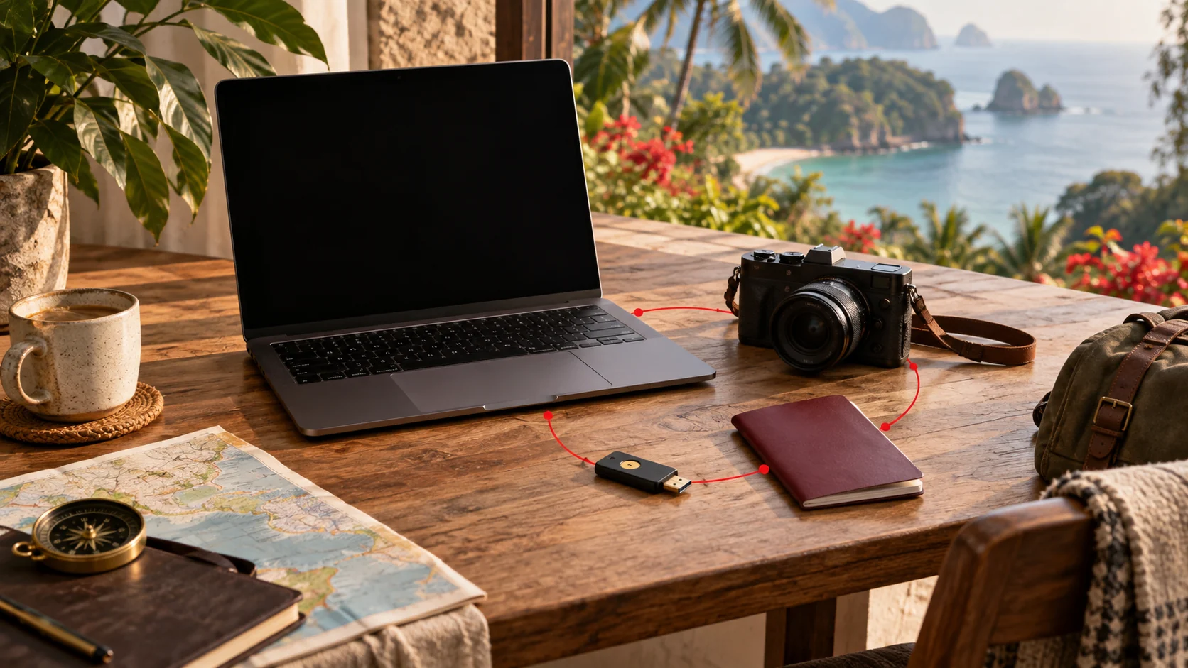 Digital nomad desk with laptop, camera, passport and a hardware security key