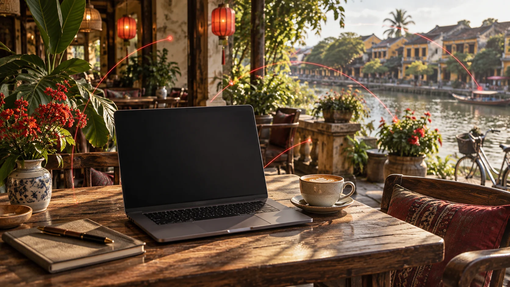 Cafe workspace with coffee and a laptop surrounded by subtle wireless paths