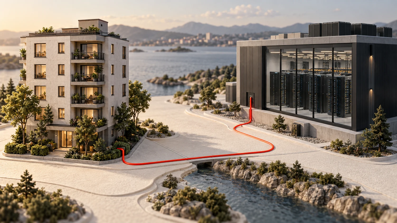 Residential buildings and a server facility joined in a balanced network illustration