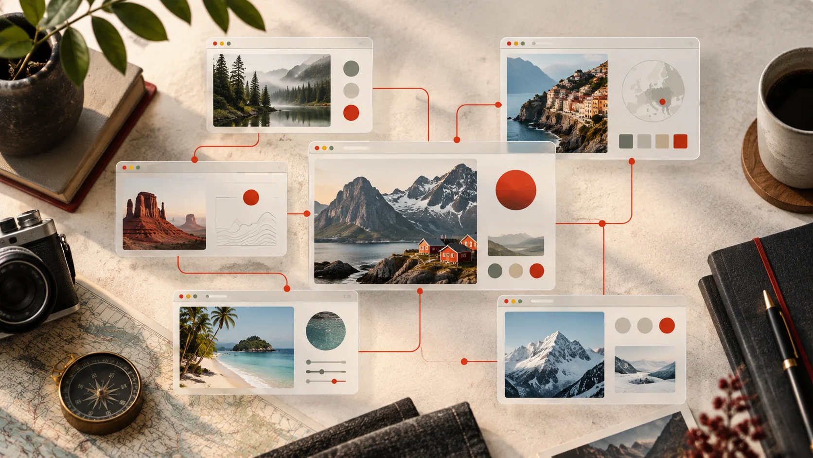 Separate translucent browser windows containing distinct organized session shapes