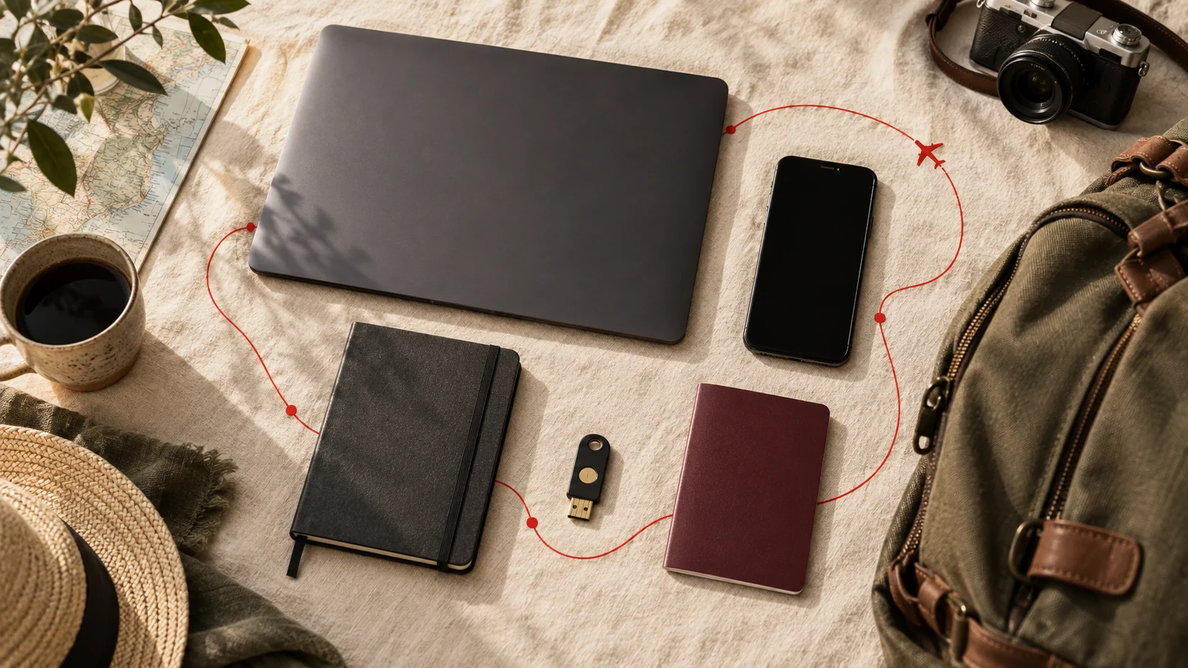 Preflight packing flatlay with laptop, phone, passport, notebook and security key