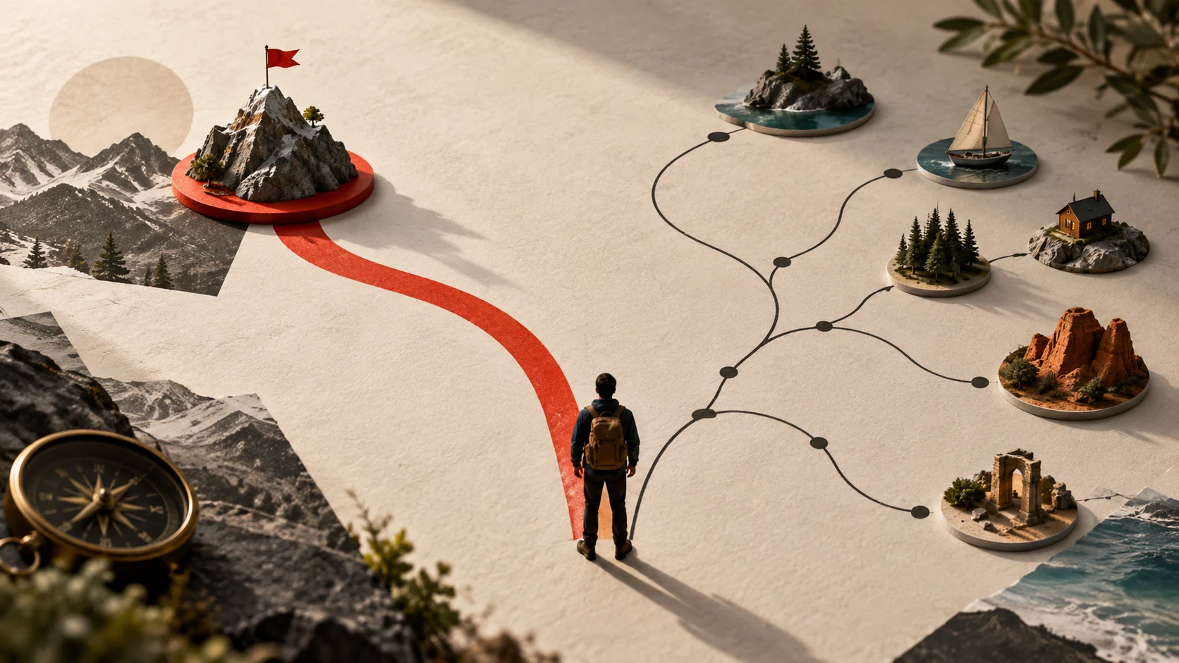 One continuous red route contrasted with multiple branching changing routes